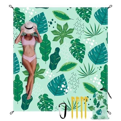 Beach Blanket Waterproof Sandproof Oversized Extra 79 * 88inch Sand Free Beach Mat with Stakes, Storage Bag - Essentials for Outdoor Beach, Picnic,Quick Drying Durable - color: Palm Leaf, size: 6.6x7.2 FT (1～4 Person)