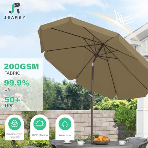 JEAREY 9 FT Patio Umbrella Outdoor, Table Umbrellas Market Umbrella w/Push Button Tilt/Crank, 8 Sturdy Ribs(Tan) - color: Tan