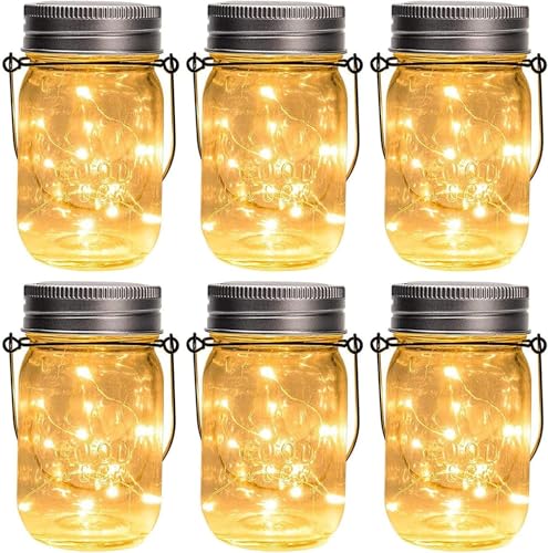 GIGALUMI Hanging Mason Jar Solar Lights, 6 Pack 30 Led Hanging Solar Lanterns Outdoor Waterproof, Hangers and Jars Included, Outdoor Decor for Balcony, Garden, Patio, Yard, Wedding - size: 6 Pack