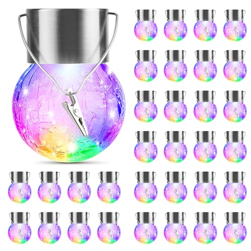 32 Pack Hanging Solar Lights Outdoor Decorative, Waterproof Solar Globe Lantern with Handle and Clip, Solar Powered Cracked Glass Ball Lights for Garden Yard Patio, Fence Tree Umbrella, Holiday Décor - color: Color Changing, size: 32