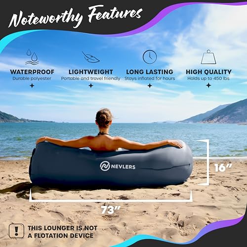 Nevlers Navy Inflatable Couch Air Sofa | 210T Polyester Blow Up Chairs | No-Pump Inflatable Lounger | Air Chair w/ 450 lbs. Capacity, Pockets & Matching Bag | Use as Blow Up Couch for Adults & Kids - color: Navy Blue, size: 1 Pack