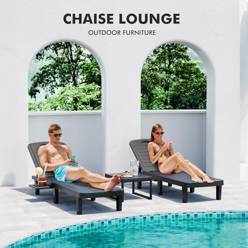 WACASA Outdoor Chaise Lounge Chairs Set of 2, Oversized Lounge Chairs with 5-Level Adjustable Backrest & Cup Holder, Resin Waterproof Pool Lounge Chair for Poolside, Patio, Beach, Yard, Black - color: Black, size: Set of 2