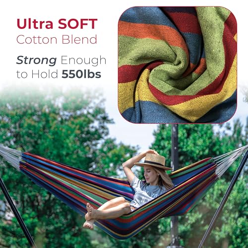Backyard Expressions Double Camping Hammock with Steel Stand & Carrying Bag, Adjustable Height, Ultra Soft Cotton Blend, 550 lb Capacity, Indoor & Outdoor Portable Hammock - color: Canyon Sunset