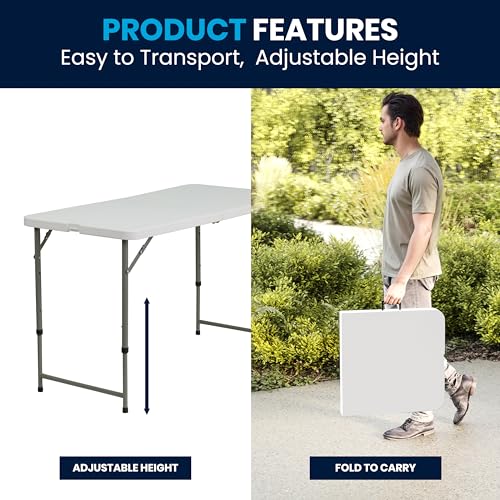 Flash Furniture 4' Rectangular Plastic Folding Event Table with Adjustable Legs and Carrying Handle, Bi-Fold Portable Banquet Table for Indoor/Outdoor Events, White