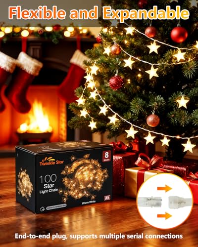 Twinkle Star 100 LED Star String Lights, 33FT Plug in Fairy String Lights Waterproof for Bedroom Decor, Indoor, Outdoor, Wedding Party, Christmas Tree, New Year, Ramadan, Warm White - color: *Warm White, size: Star lights - 49 ft