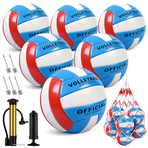 6 Pack Volleyballs Official Size 5, Waterproof Soft Volleyball With Pump and Net Bag for Indoor Outdoor Beach Pool Water Gym Training - Competition Volley Ball for Training Match for Beginner - color: Blue-Red-White