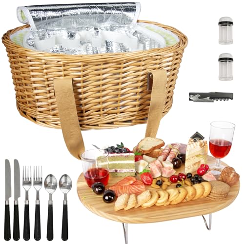Hap Tim Wicker Picnic Basket Set for 2 with Mini Folding Wine Picnic Table & Large Insulated Cooler Bag & Cutlery Service Kits for 2 Person, Couples Gifts, Wedding Gifts (Y2209-2-GR) - color: Green, size: 2 person