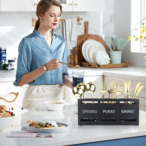 Ayiaren Wooden Silverware Caddy Flatware Cutlery Holder Wood Silverware Organizer Containers Small Black Kitchen Utensil Holder for Countertop Spoon and Fork Holder Flatware Utensils Caddy for Party - color: Black