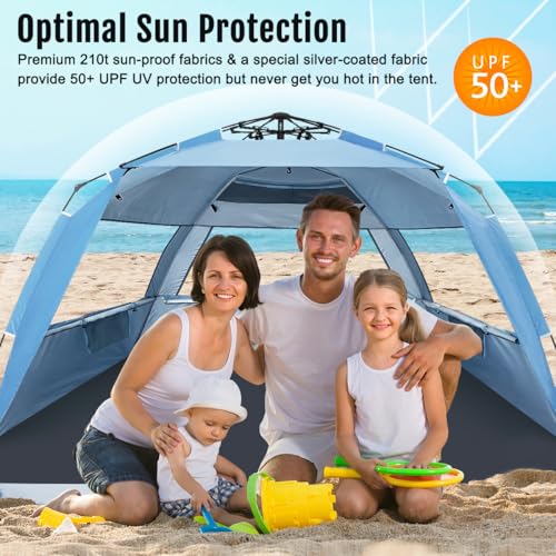 WhiteFang Deluxe Pop Up Beach Tent Sun Shade Shelter for 3-4/5-6 Person, UV Protection, Extendable Floor with 3 Ventilating Windows Plus Carrying Bag, Stakes, and Guy Lines - color: Light Blue, size: X-Large