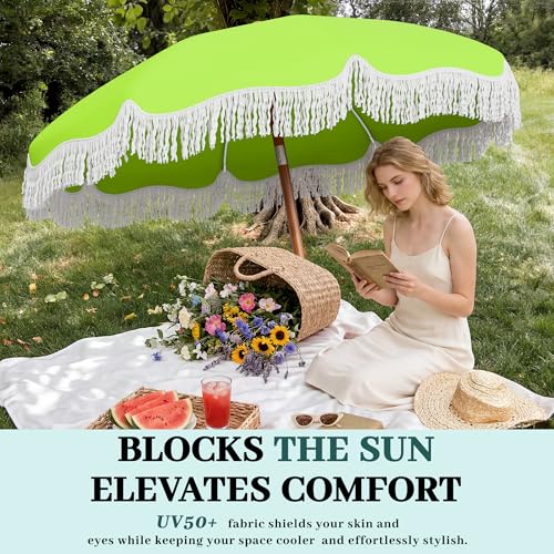 AreShark 7ft Patio Umbrella with Fringe, UPF50+ Beach Umbrella for Table, Pool & Garden, Portable Outdoor Tassels Umbrella w/Fiberglass Ribs&Push Bottom Tilt(Apple Green) - color: Apple Green, size: 7FT
