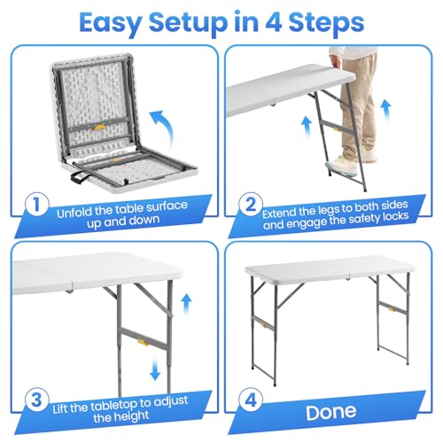 4 Foot Foldable Table with Built in Handle & Steel Legs, 4FT Portable Adjustable Height Heavy Duty Small Card Folding Table for Parties, Dining, Events, Picnic, Indoor & Outdoor, Camping, Utility