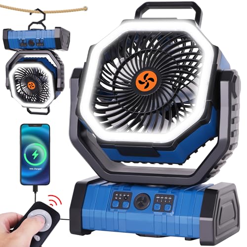 Portable Fan Battery Powered,20000mAh Rechargeable Camping Fan Battery Operated with LED Lantern,Auto-Oscillating USB Personal Cordless Battery Fans Portable Tent Travel & Hanging Hook (Blue) - color: Blue