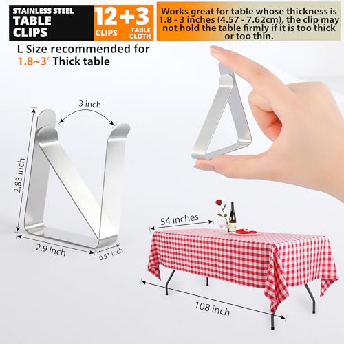 12 Pack Large Tablecloth Clips with 3 Tablecloths - Stainless Steel, Heavy Duty Table Clips for Home, Restaurants, Picnic, Party, Dining Tables - Fits Up to 1.8~3 Inch Thick Tables - color: Large 12 Pack + 3 Tablecloth
