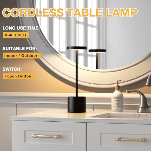 Black Cordless Table Lamp, 4000mAh Rechargeable Battery Powered Lamps, 3 Color Stepless Dimming, LED Wireless Outdoor Lamps for Dining Room, Bedroom, Bar, Cafe, Restaurant, Patio, Camping, Set of 2 - color: Black