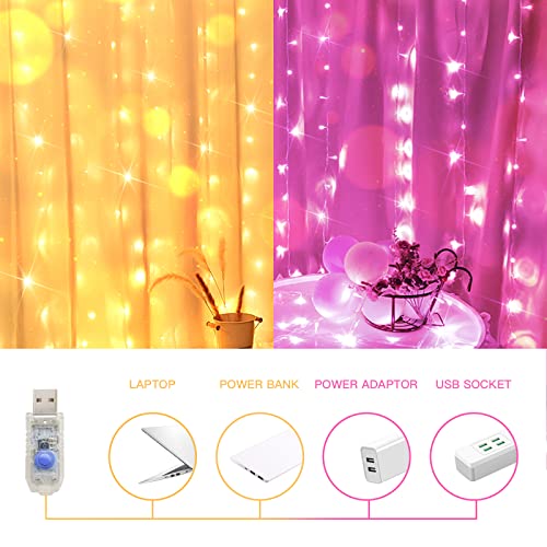 suddus Color Changing Curtain Lights, 200 Led 6.5ft x 6.5ft Hanging String Lights Outdoor, Fairy Curtain Lights for Bedroom, Window, Wall, Wedding, Party, Birthday Decor Warm White & Fuchsia - color: Warm White & Fuchsia, size: USB-200 LED