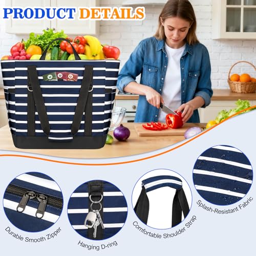 HUANLANG Soft Cooler Bag Insulated for Travel,Large Insulated Grocery Bags with Zippered Top,PEVA Collapsible Food Delivery Cooler Bag for Beach, Travel, Picnics - color: Dark Blue and White