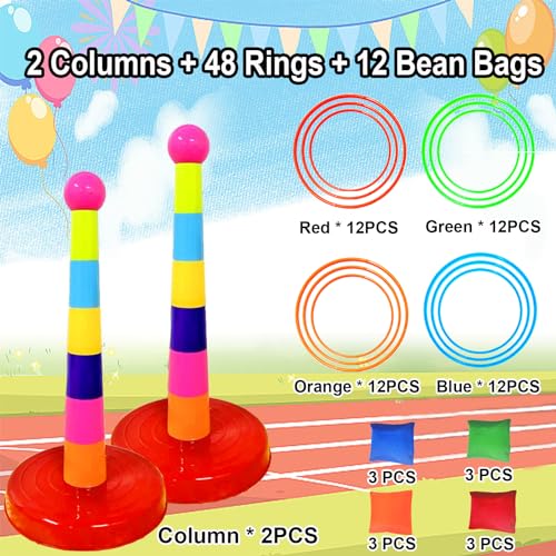 Colorful Plastic Sport Ring Toss Game Set for Kids,2 Colorful Columns+48 Rings+12 Bean Bags,Outside Toys Carnival Ring Circle Game,Outdoor Kids Sports Educational Toys - color: Multicolor, 48 rings