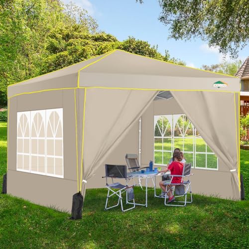 COBIZI 10x10 Pop Up Canopy with 4 Removable Sidewalls, Canopy Tent for Parties Waterproof Wedding Event Canopy,Instant Outdoor Gazebos with Church Window,Carry Bag,4 Stakes,Ropes & Sandbags,Khaki - color: Yellow, size: 10x20 FT Upgraded