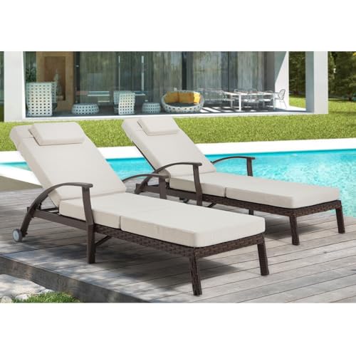 Outdoor Lounge Chairs Set of 2, Lounge Chair Outdoor Chaise Lounge with Adjustable 6-Position, 115-180° for Poolside, Backyard, Lawn, Deck (79.1'', Beige) - color: Beige, size: 2 Pieces