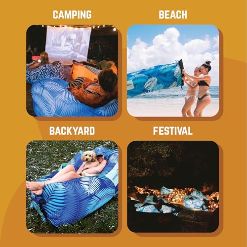 Chillbo Inflatable Couch – Unique Designs - No-Pump Setup, Ripstop Polyester, Stability Pegs, Fun Prints - Portable Air Inflatable Lounger for Beach, Camping, Festivals, and Tailgating - color: Blue Leaf, size: Large