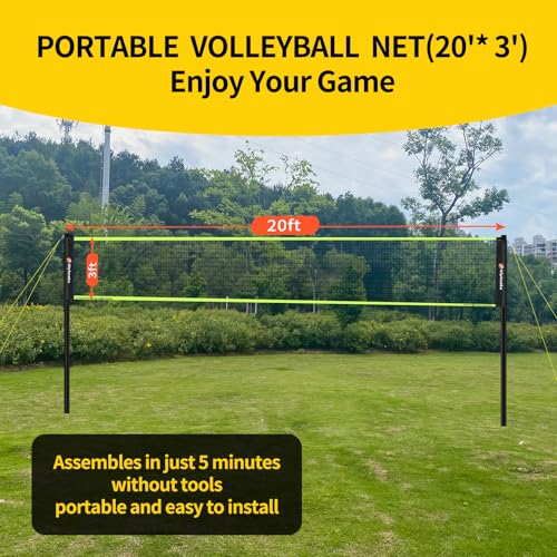 20FT Outdoor Volleyball Net Set System for Backyard Beach with Anti-Sagging Net, Iron Adjustable Height Poles, Soft PU Volleyball and Pump, Carry Bag - Instant Set Up & Durable - color: Black and Green