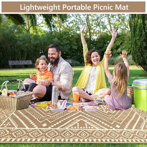 Waterproof Outdoor Rug 5x8 ft, Reversible Plastic Straw Mat, Large Floor Mat for Patio, Camping, Picnic, Backyard RV, Deck, Beige - color: Beige, size: 5' x 8'