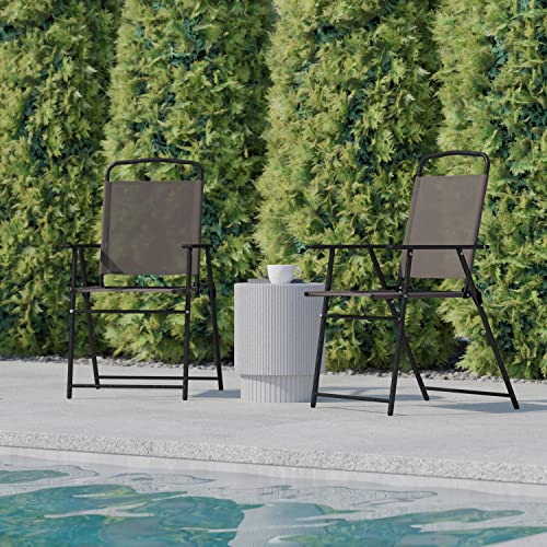 Flash Furniture Mystic Folding Patio Sling Chairs, Outdoor Textilene Lawn Chairs with Armrests, Set of 2, Brown - color: Brown
