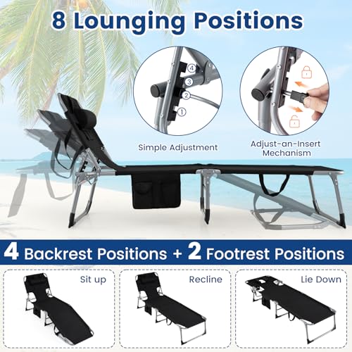 COSTWAY Tanning Chair with Face Hole, Folding Beach Lounge Chair with 4-Position Adjustable Backrest, Pillow & Side Pocket, Foldable Chaise Lounge Chair Outdoor for Sunbathing, Camping (1, Black) - color: Black