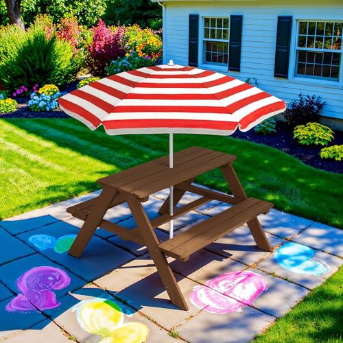 Best Choice Products Wooden Kids Picnic Table with Umbrella, Outdoor Activity Table Set with Built-in Benches, 220 lb Capacity per Bench - Walnut/Red - color: Walnut/Red