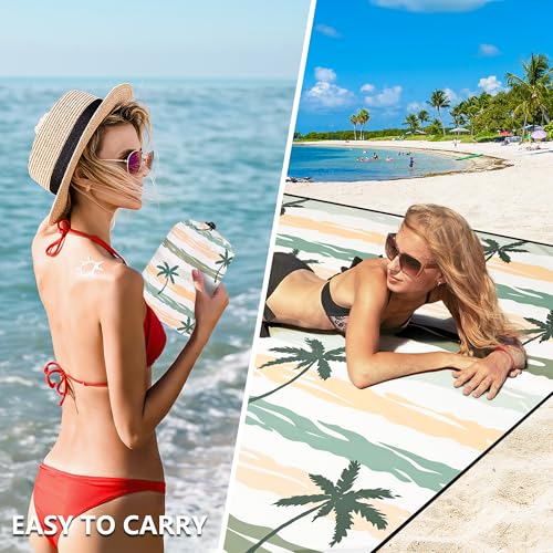 HIHOHO Beach Blanket Waterproof Sandproof Extra Large Beach Mat 79" X 83"/120"x108"for 1-8 Adults Quick Drying Durable Outdoor Picnic Mat for Beach Travel Camping Hiking - color: Coconut Tree - Striped - Yellow Green, size: 79" X 83"（1~3 person）