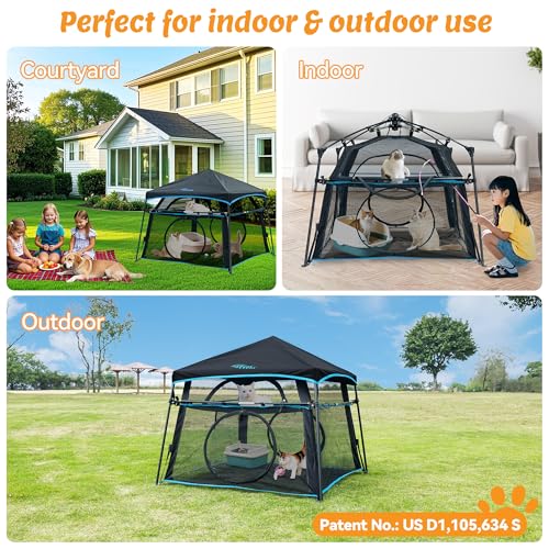 Extra Large Catio Outdoor Cat Enclosure, 2-Tier Foldable Cat Tent with 3 Doors for Patio, Balcony, Indoor & Camping, Weatherproof Sunproof Cat Playpen with Carry Bag Included（Patented） - style: A-2 Tier Cat Tent Blue