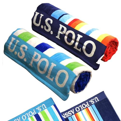 U.S. Polo Assn. 2-Pack Luxury Plush Cotton Oversized (40" x 70") Beach Towels, Striped Nautical Design, Hotel Quality for Bath & Pool- Dark Blue/Light Green - color: Dark Blue/Light Green, size: 40" x 70"