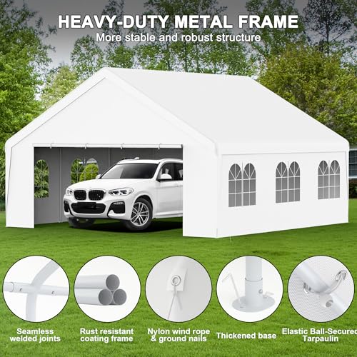 Carport 20x20 Party Tent Heavy Duty Canopy Waterproof Outdoor Storage Shelter Portable Garage w/Removable Sidewall Windows Canopy Tent for Wedding Event Backyard Barbecues Parties, White - size: 20x20 FT