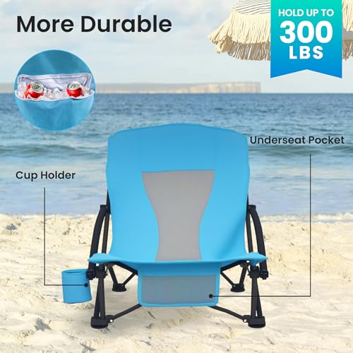 Portable Folding Beach Chair with Cooler Bag for Adults - Lightweight Low Back Sling Chair with Cup Holder & Storage Pocket (Blue w/Cooler, 4 pcs) - color: Blue W/ Cooler, size: 4 pcs