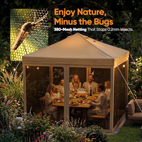 Quictent 10x10 Pop up Canopy Tent with Netting, Auto-Close Magnetic Doors, One Person Instant Setup Screen House Room Tent Screened Waterproof - color: Tan, size: 10'x10'