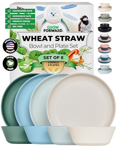 Grow Forward Premium Wheat Straw Plates and Bowls Sets - 8-Piece Wheat Straw Dinnerware Sets - Unbreakable & Reusable Microwave Safe Plastic Dinner Plates for Outdoors, RV, Camping Dishes - Oasis - color: Oasis