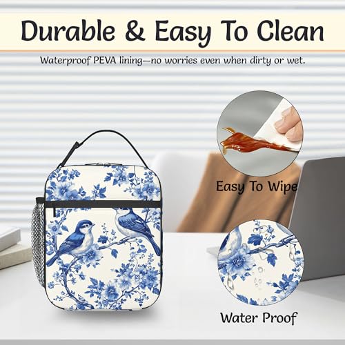 Insulated Small Lunch Box,Blue Birds Reusable Lunch Bag for Kids Adult Women,Vintage Flower Large Capacity Portable Thermal Bag with Mutiple Pockets for School,Work,Picnic - color: Blue Birds