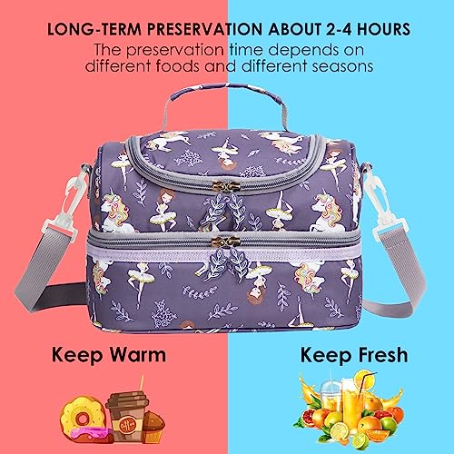 Insulated Kids Dual Compartment Lunch Bag Tote Pack for Girls Boys Toddler Kindergarten School Picnic Food Cooler Hot Water Ice with Strap (Ballet Dancer) - color: Ballet Dancer