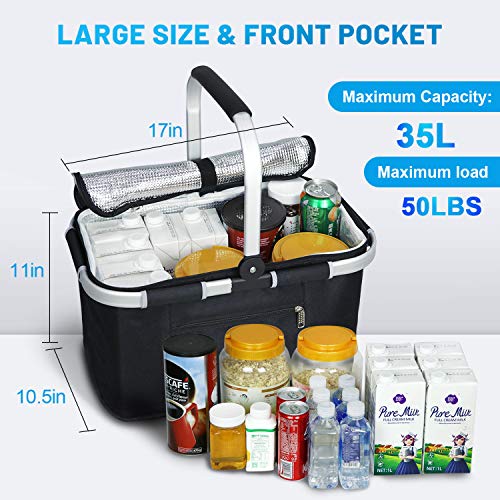 LIQING 35L Large Picnic Basket 2 Layers of Internal Pockets Leak-Proof and Insulated ，Folding with Internal Support for enhansed Stability, Wedding Gifts for Couple(Black) - color: Black