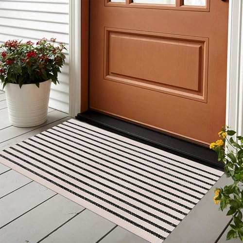 LEEVAN Black and White Striped Rug Doormat 2x3 Washable Front Porch Rug Farmhouse Layered Door Mats Outdoor Cotton Hand Woven Throw Carpet for Entryway/Front Steps/Bathroom/Home Entrance - color: Black and White, size: 2' x 3' (Rectangular)