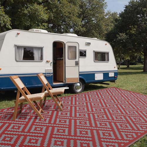 GENIMO Outdoor Rug for Patio Clearance, 10'x20' Reversible Plastic Straw Rugs, Lightweight Waterproof RV Camping Mat for Camper, Balcony, Deck, Backyard, Picnic, Red Grey - color: Red & Grey, size: 10' x 20' (Rectangular)