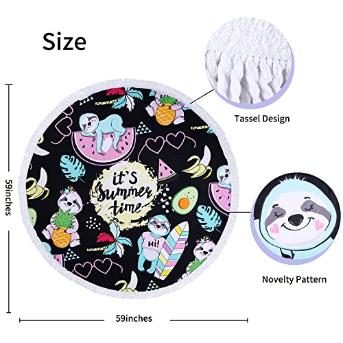 Benefeet Sox Beach Towel Large Round Mandala Pool Towels Tassels Microfiber Quick Dry Beach Blanket Throw Bohemian Roundie Swim Pool Circle Towel, 59 Inches - color: Cute Sloth, Tropial Fruits, Hawaiian Palm Tree