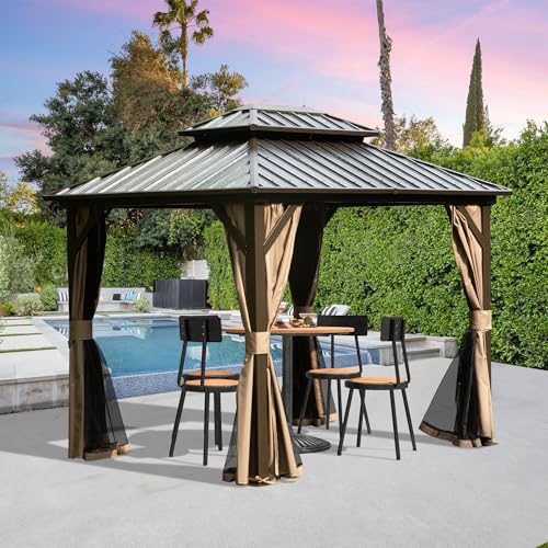 Domi 8' x 10' Hardtop Gazebo, Outdoor Metal Gazebo for Patios with Galvanized Steel Double Roof, Heavy Duty Curtains and Netting Included, Permanent Pergola for Backyard, Garden Lawn, Brown - color: Brown, size: 8'×10' Double Roof