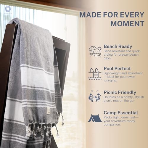 Cotton Turkish Beach Towel with Towels Oversized 36"x72" Pool Absorbent Extra Large Quick Dry Sand Travel Towel (Grey, 2 Pack) - color: Grey, size: 2 Pack