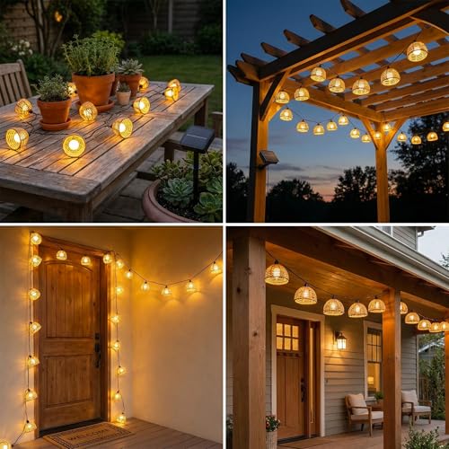 TWINKVILLA Solar Rattan String Lights Outdoor, 16FT 16 LED Half-Globe Hemisphere Wicker Lanterns, IP65 Waterproof Solar Powered Patio Lights, Boho Decorative Hanging Lighting for Garden Porch Wedding