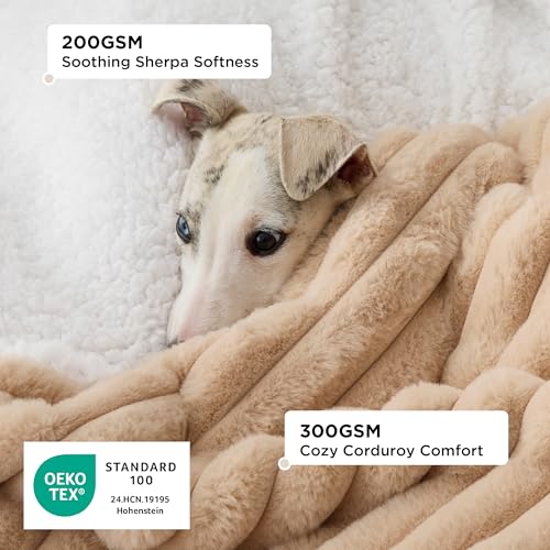 Bedsure ComfyFleece™ Waterproof Dog Blankets for Large Dogs - Soft Pet Cat Blanket Corduroy Fleece for Couch Bed Protector Washable, Cozy Calming Reversible Furniture Protection,50"x60", Tuscan Beige - color: Sandy Beige, size: XL(50x60")-1pc