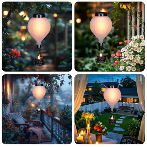 Hanging Solar Lantern Outdoor Garden Decor Hot Air Balloon Lantern with Flickering Flame Gifts for Women Grandma Mom Outdoor Hanging Light Solar Decorative Lamp for Garden Patio Yard and Home - color: White