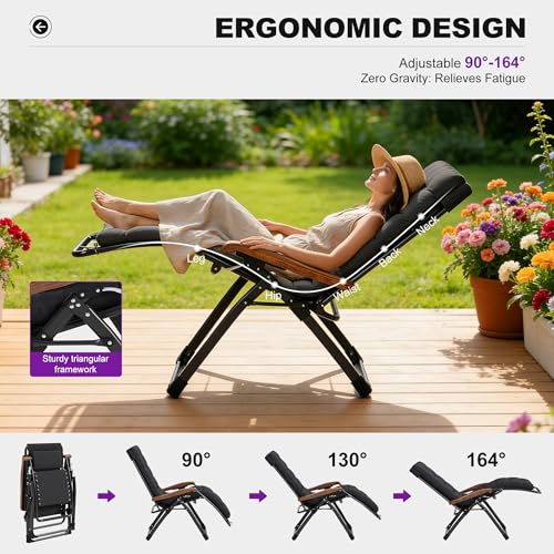 PURPLE LEAF Oversized Outdoor Reclining Chair Set of 2 Patio Zero Gravity Chaise Lounge Folding Chair with Removable Cushion Adjustable Headrest for Lawn Camping Beach Pool Black - color: Black - 2 Chairs, size: Oversized – Thick Cushion