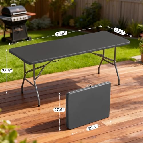 BestOffice 6 FT Picnic Table, Portable Plastic Folding Table with Carrying Handle Perfect for Picnics, Parties, Party and Camping, Grey - color: Grey, size: 6 FT 70"x28"