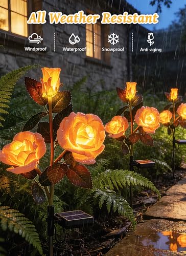 Brightown Outdoor Solar Flower Lights, 4 Pack Solar Garden Light with Larger & More Realistic Champagne Rose, Bigger Solar Panel, Waterproof Solar Lights Outdoor for Yard Garden Lawn Pathway Decor - color: Champagne Rose
